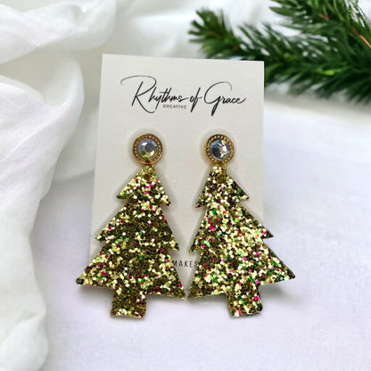 Sparkling Christmas Tree Earrings - Dazzle Your Holidays with Glittery Cheer!