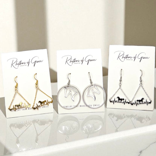 Gallop into Elegance: Stunning Horse Dangle Earrings - Rhythms of Grace Creative