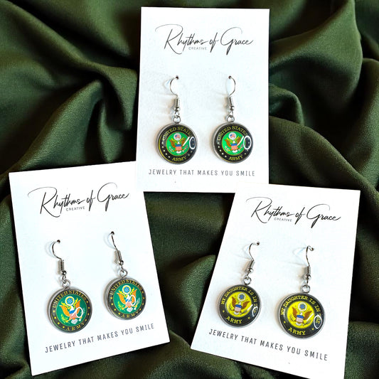 Military Mom Marvels: Army Cabochon Dangle Earrings!