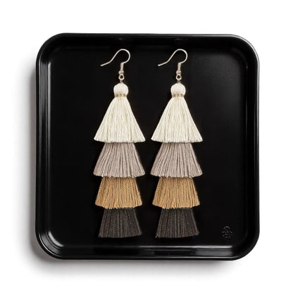 Boho Babe Alert! Tiered Tassel Earrings - Neutral Chic