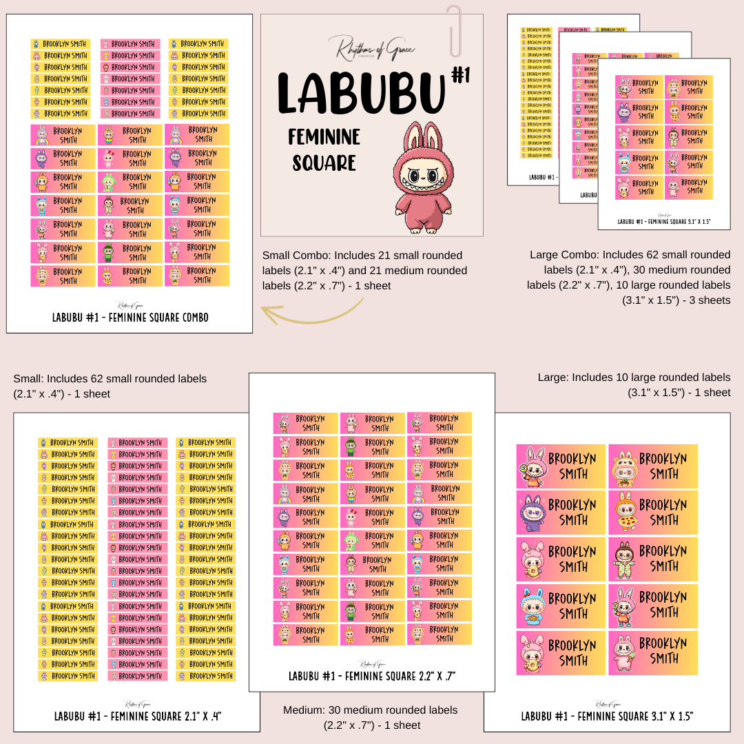 Collection of Labubu labels with different sizes and designs on a light pink background.