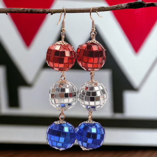 Patriotic Disco Ball Earrings - Fourth of July, Stars and Stripes, Red White and Blue