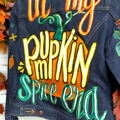 Hand Painted Jean Jacket: “In My Pumpkin Spice Era” I Ladies Size Small