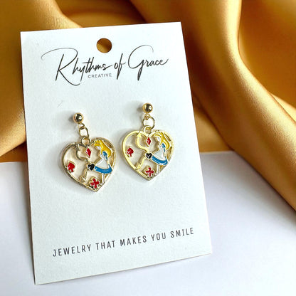 Enchanting Alice in Wonderland Mismatched Dangle Earrings | Whimsical Style & Unique Charm