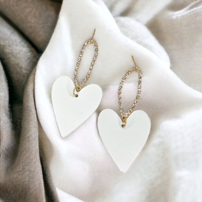 White Heart Earrings - Rhinestone Earrings, White Earrings, Handmade Earrings, Heart Accessories - Rhythms of Grace Creative