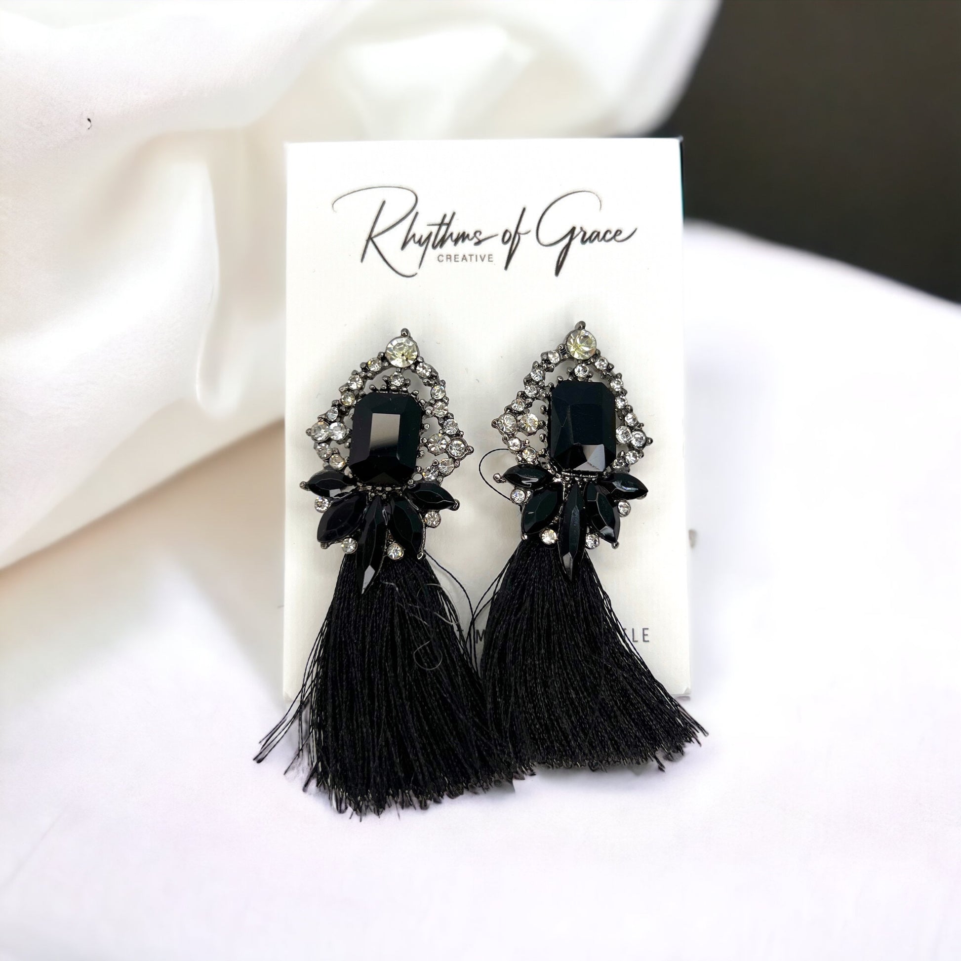 Black Fringe Earrings - Black Rhinestone Earrings, Black Earrings, Fringe Accessories - Rhythms of Grace Creative