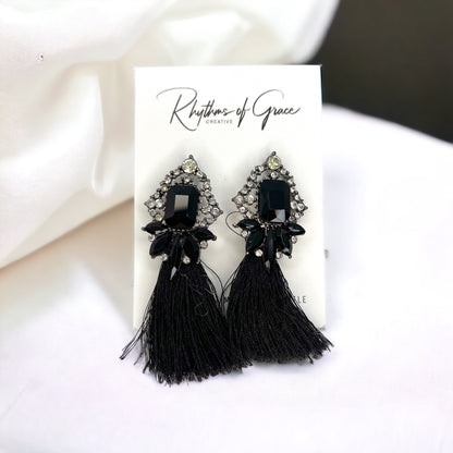 Black Fringe Earrings - Black Rhinestone Earrings, Black Earrings, Fringe Accessories - Rhythms of Grace Creative
