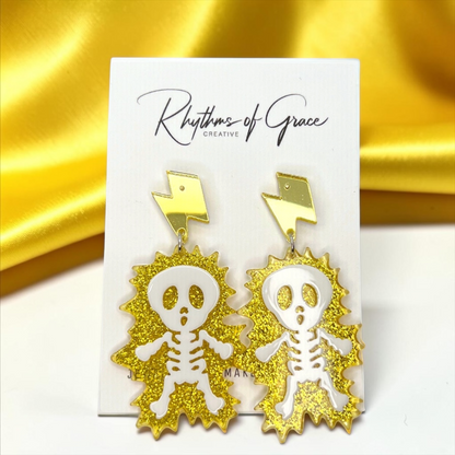 Electrify Your Look: Gold Electrocuted Skeleton Dangle Earrings for a Spook-tacular Style!