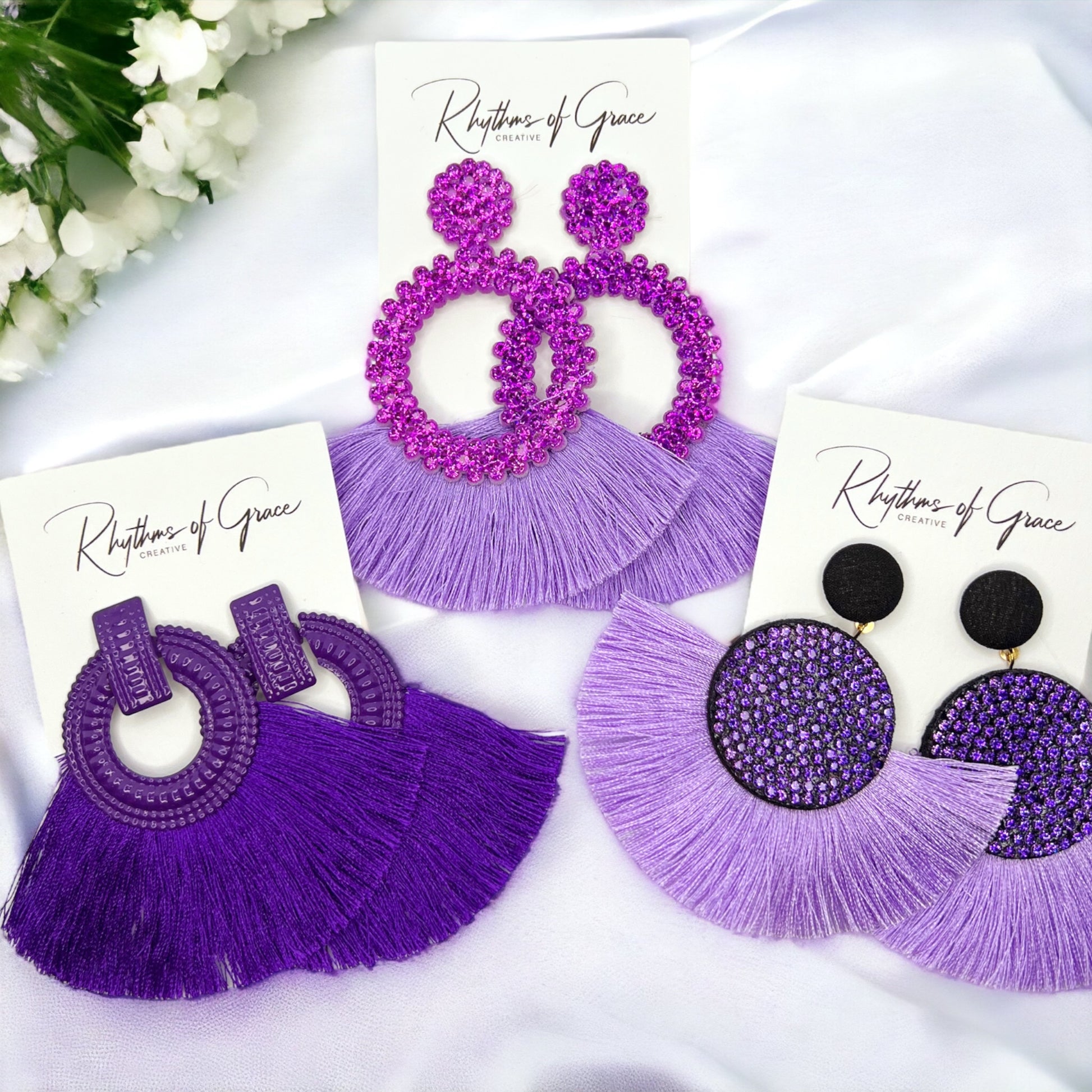Purple Tassel Earrings - Purple Rhinestones, Rhinestone Accessories, Purple Earrings, Lavender Earrings; Purple Accessories - Rhythms of Grace Creative