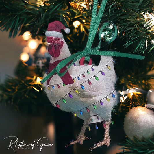 Cluckin' Around the Christmas Tree – White Rooster Ornament