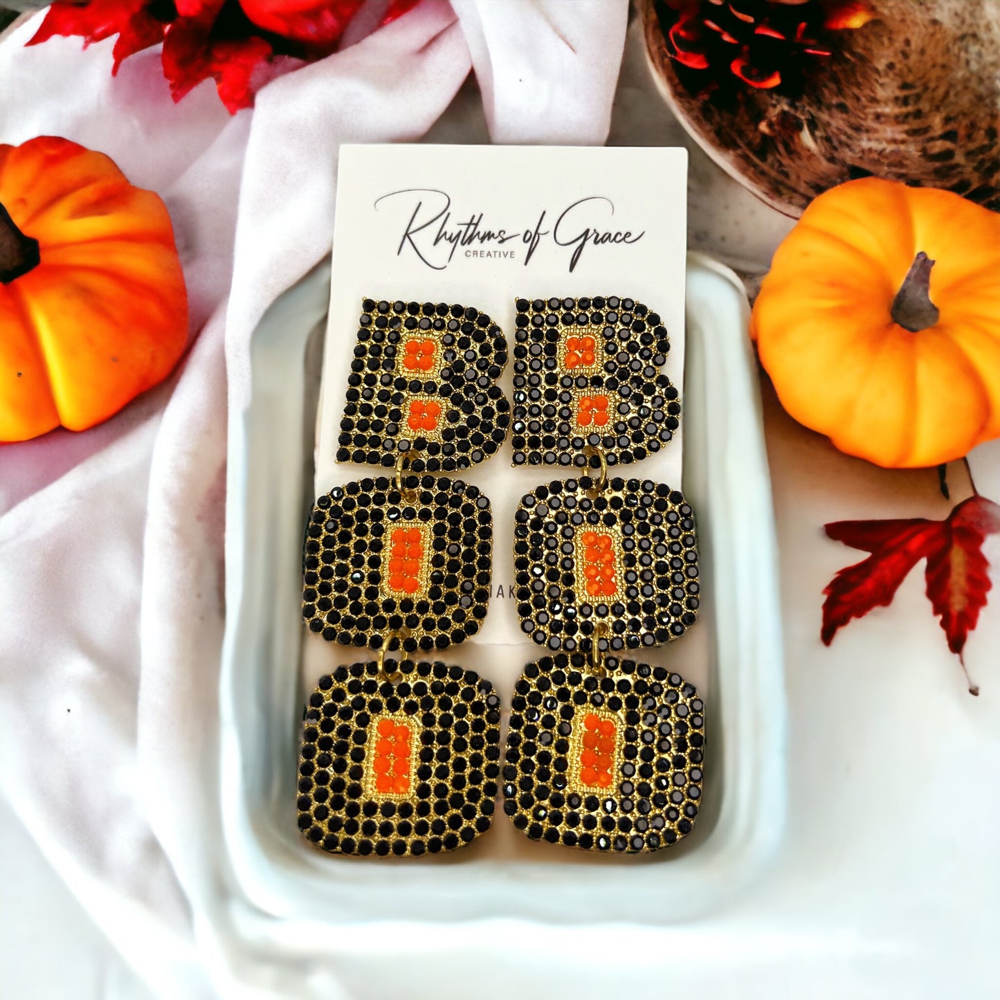 Boo Earrings - Halloween Earrings, Beaded Earrings, Halloween Accessories, Halloween Earrings, Rhinestone Halloween, Trick or Treat - Rhythms of Grace Creative