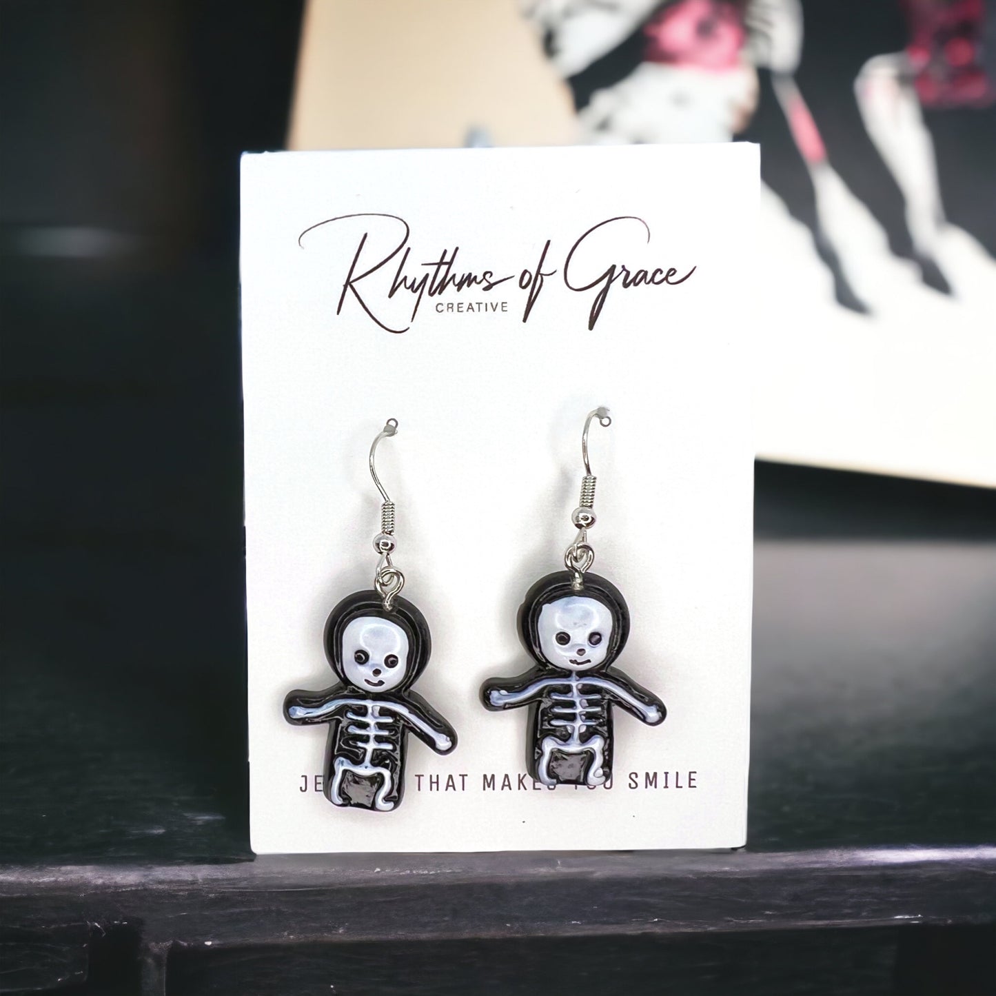 Skeleton Earrings - Halloween Earrings, Skeleton Costume, Halloween Teacher, Black and White - Rhythms of Grace Creative