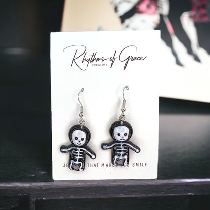 Skeleton Earrings - Halloween Earrings, Skeleton Costume, Halloween Teacher, Black and White - Rhythms of Grace Creative