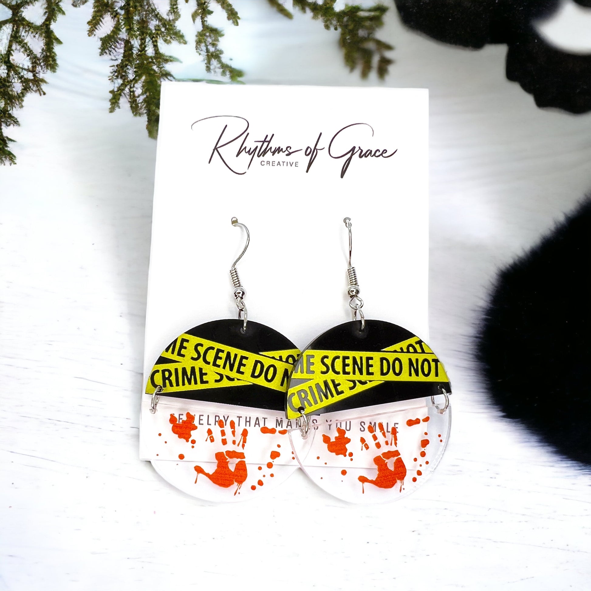 Crime Scene Earrings - True Crime, Halloween Accessories , Halloween Earrings, Halloween Costume, Police Tape - Rhythms of Grace Creative