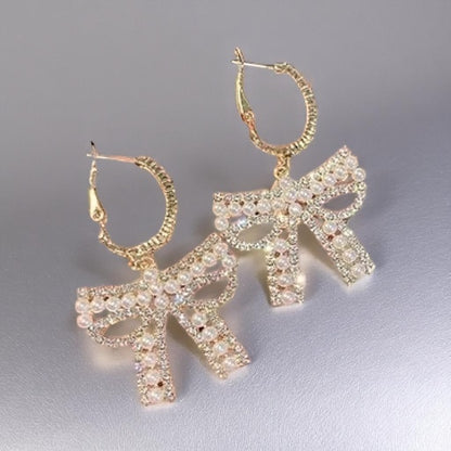 Sparkle & Shine: Rhinestone & Faux Pearl Bow Hoop Earrings