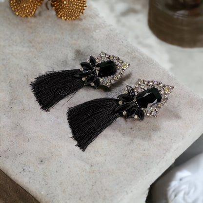 Black Fringe Earrings - Black Rhinestone Earrings, Black Earrings, Fringe Accessories - Rhythms of Grace Creative