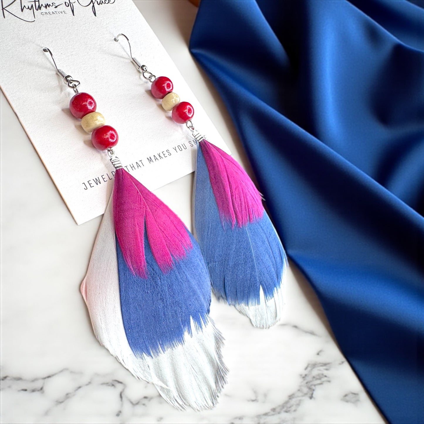 Boho Chic Red, White & Blue Feathered Dangle Earrings