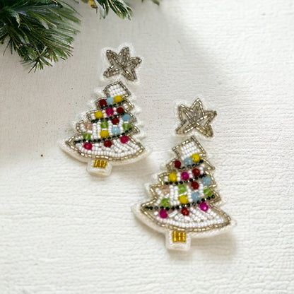 Sparkling Winter Charm: Beaded White Christmas Tree Earrings!