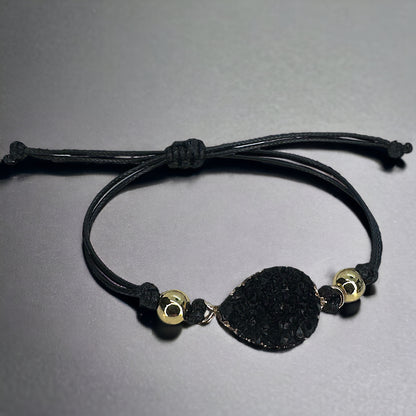 Black Leather Bracelet with Gold and Black Charm