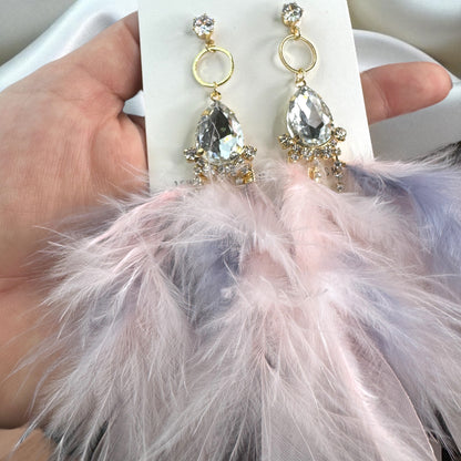 Dreamy Pink & Lavender Feather Earrings – Rhinestone Dangles for Boho Queens