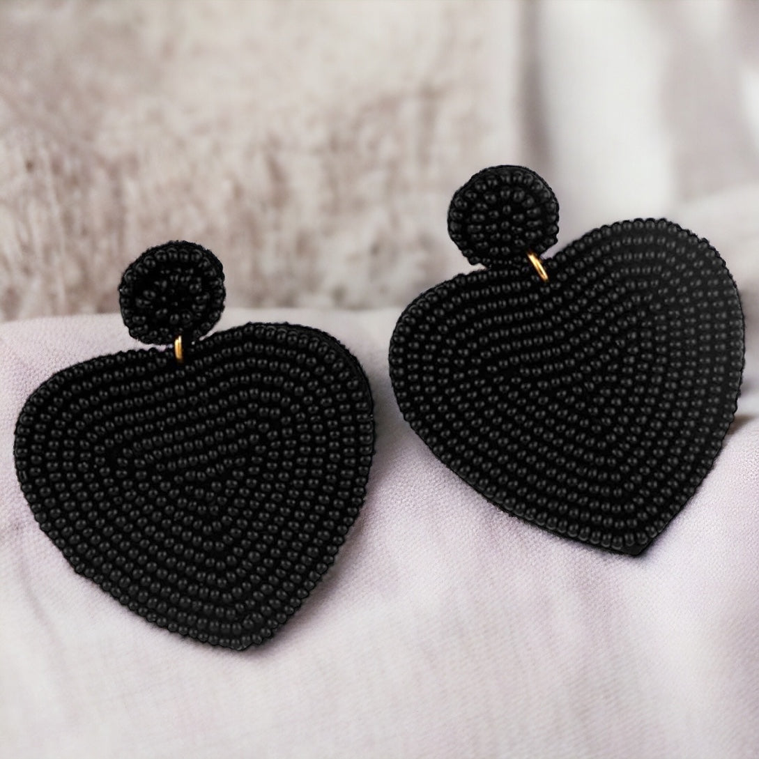 Heartfelt Dangles: Choose Your Vibe with Red or Black Beaded Heart Earrings!