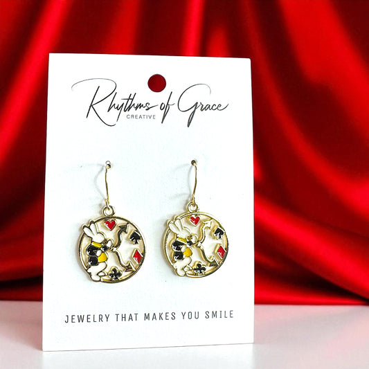 Dive into Wonderland: Enchanting Mismatched Alice Earrings with White Rabbit & Clock Charm!