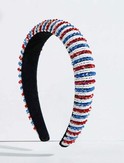 Beaded Patriotic Headband - Handmade Headpiece, Red White and Blue, Stars and Stripes, Military Mom - Rhythms of Grace Creative