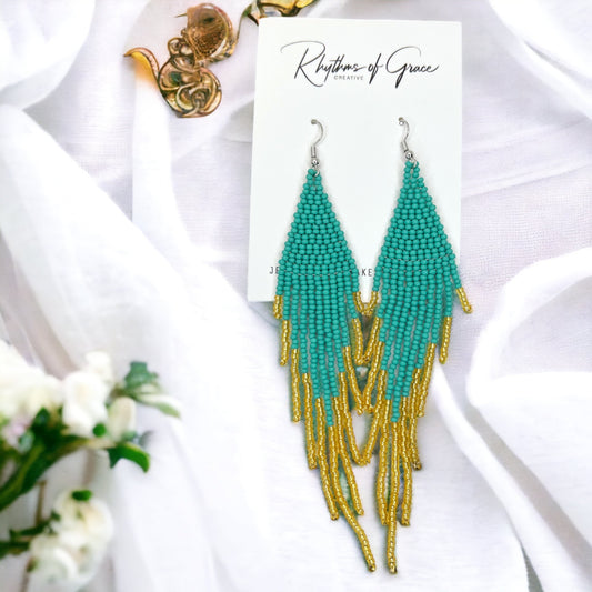 Boho Beaded Earrings - Teal and Gold, Boho Earrings, Bohemian Style, Kentucky Derby, Beaded Accessories, Handmade Jewelry - Rhythms of Grace Creative