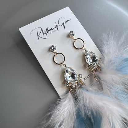 Dreamy Pink & Blue Feather Earrings – Rhinestone Dangles for Boho Queens