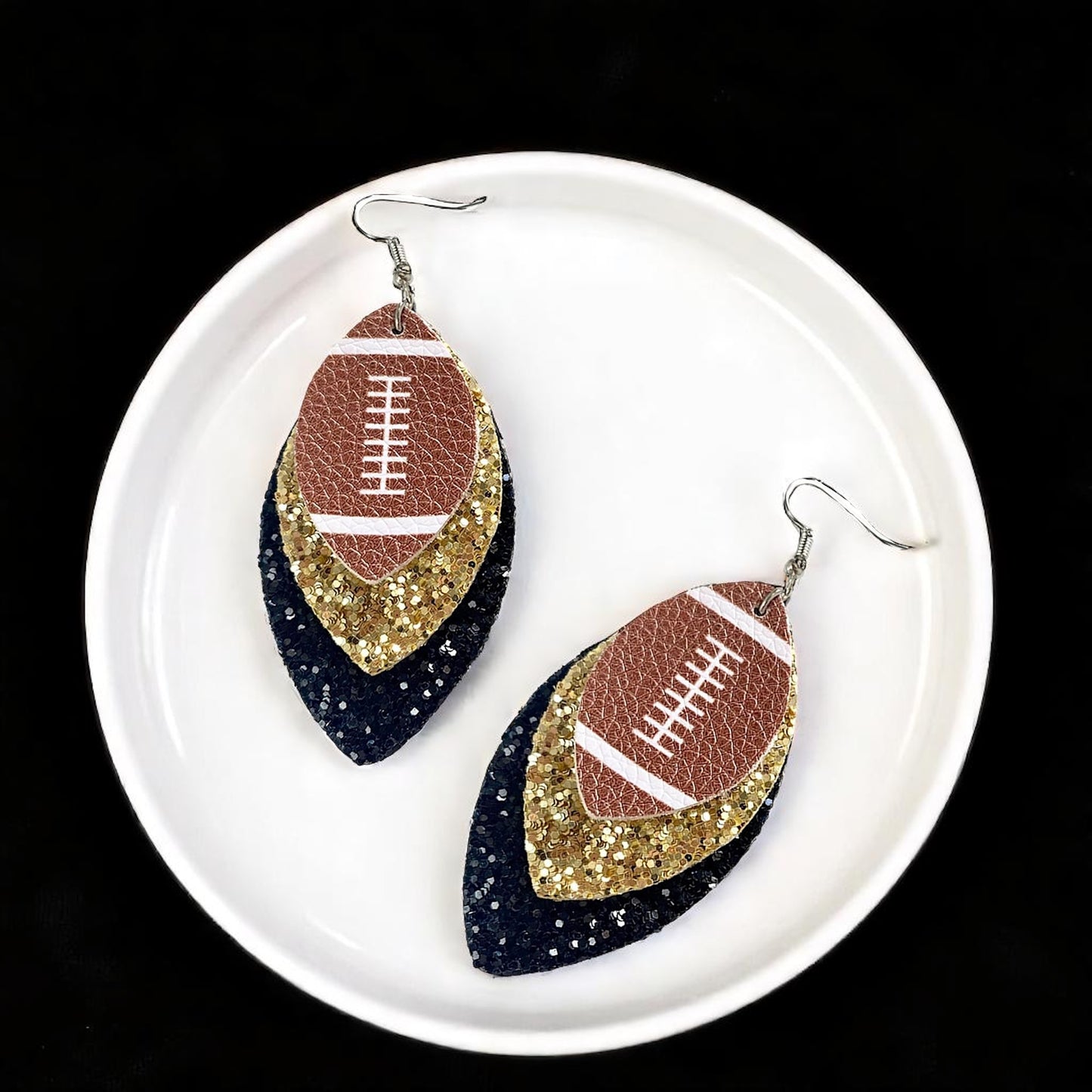 Game Day Glam: Black and Gold Glitter Football Earrings for the Ultimate Fan!