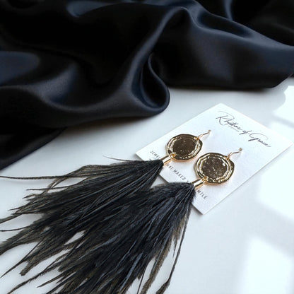Boho Glam Vibes: Black Feather & Gold Charm Dangle Earrings – Lightweight, Bold & Beautiful!