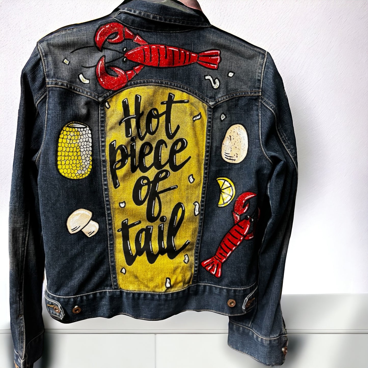 Hand Painted Jean Jacket: “Hot Piece of Tail”  - Cajun Jacket, Crawfish, Mardi Gras, Mardi Gras Jacket, New Orleans, Purple Green Gold, Mardi Gras, Parade Outfit