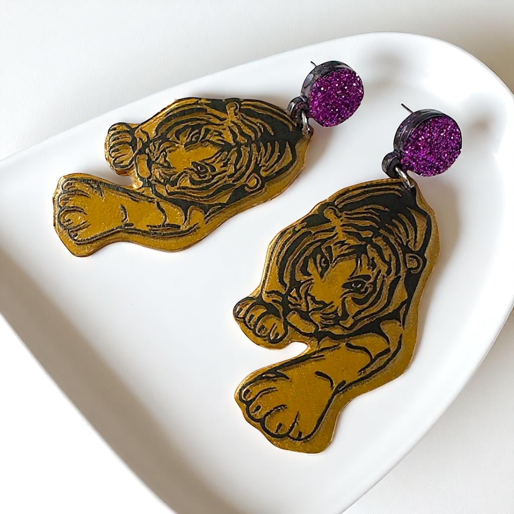 Fierce Tiger Earrings – Mirrored Acrylic Statement Dangles