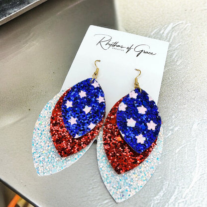 Patriotic Glitter Dangle Earrings - Triple Layer Sparkle
