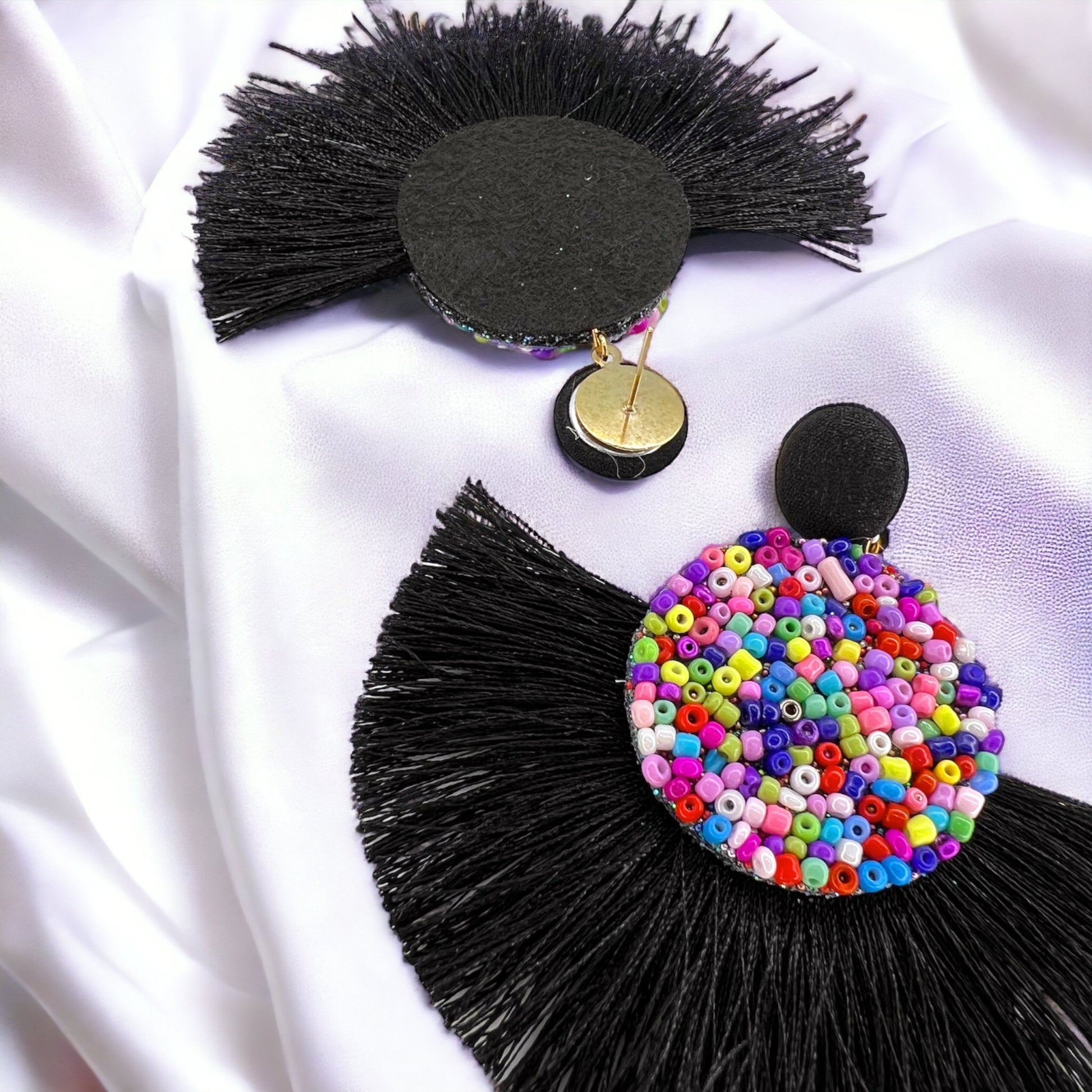 Beaded Tassel Earrings - Beaded Earrings, Beaded Accessories, Black Earrings, Rainbow Earrings - Rhythms of Grace Creative