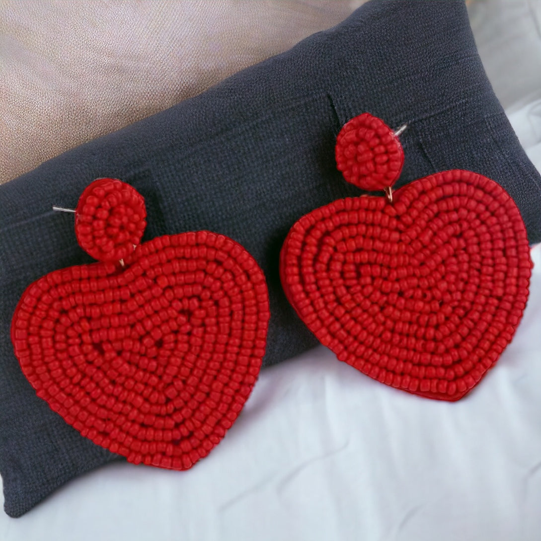 Heartfelt Dangles: Choose Your Vibe with Red or Black Beaded Heart Earrings!