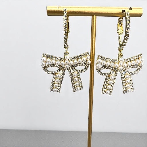 Sparkle & Shine: Rhinestone & Faux Pearl Bow Hoop Earrings