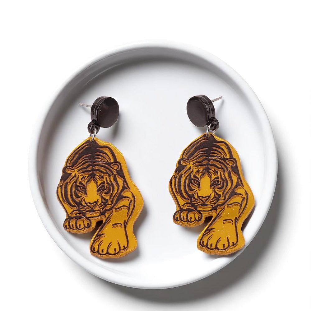 Fierce Tiger Earrings – Mirrored Acrylic Statement Dangles