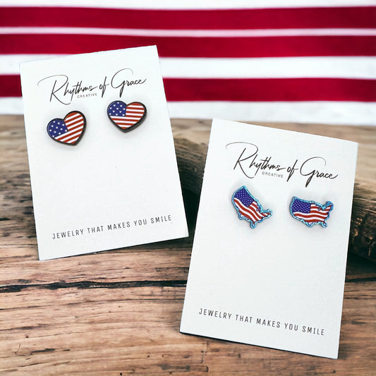 Patriotic Stud Earrings - Heart or USA Map