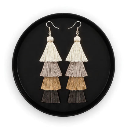 Boho Babe Alert! Tiered Tassel Earrings - Neutral Chic