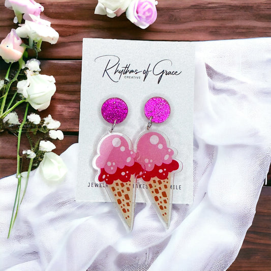 Ice Cream Earrings - Ice Cream Cone, Birthday Earrings, Handmade Jewelry, Ice Cream Jewelry, Food Earrings
