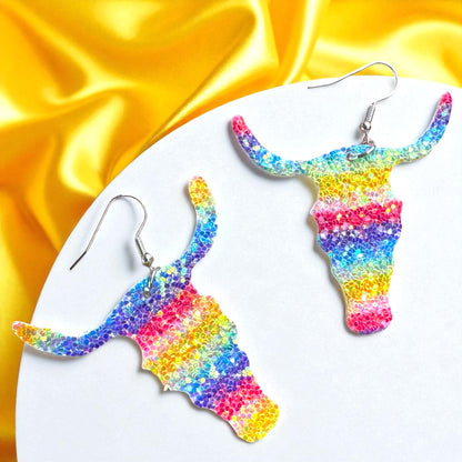 Longhorn Dangle Earrings - Sparkle with Rainbow Glitter!