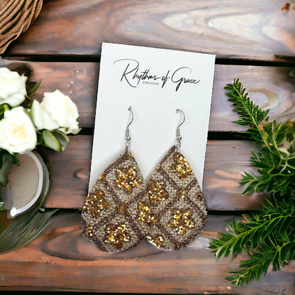 Stunning Brown Dangle Earrings - Sparkling Glitter Teardrop Design