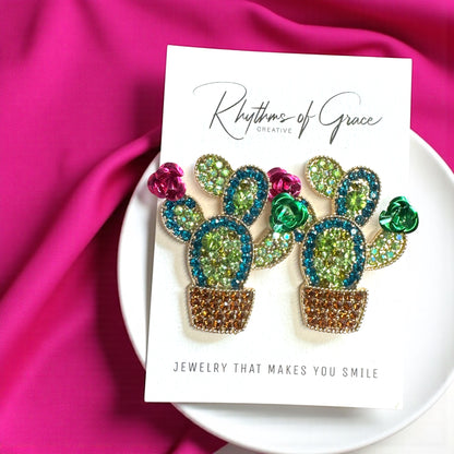 Bloom Boldly with These Rhinestone Cactus Earrings!🌵