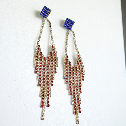 Sparkling Red White & Blue Rhinestone Dangle Earrings - Patriotic Glamour