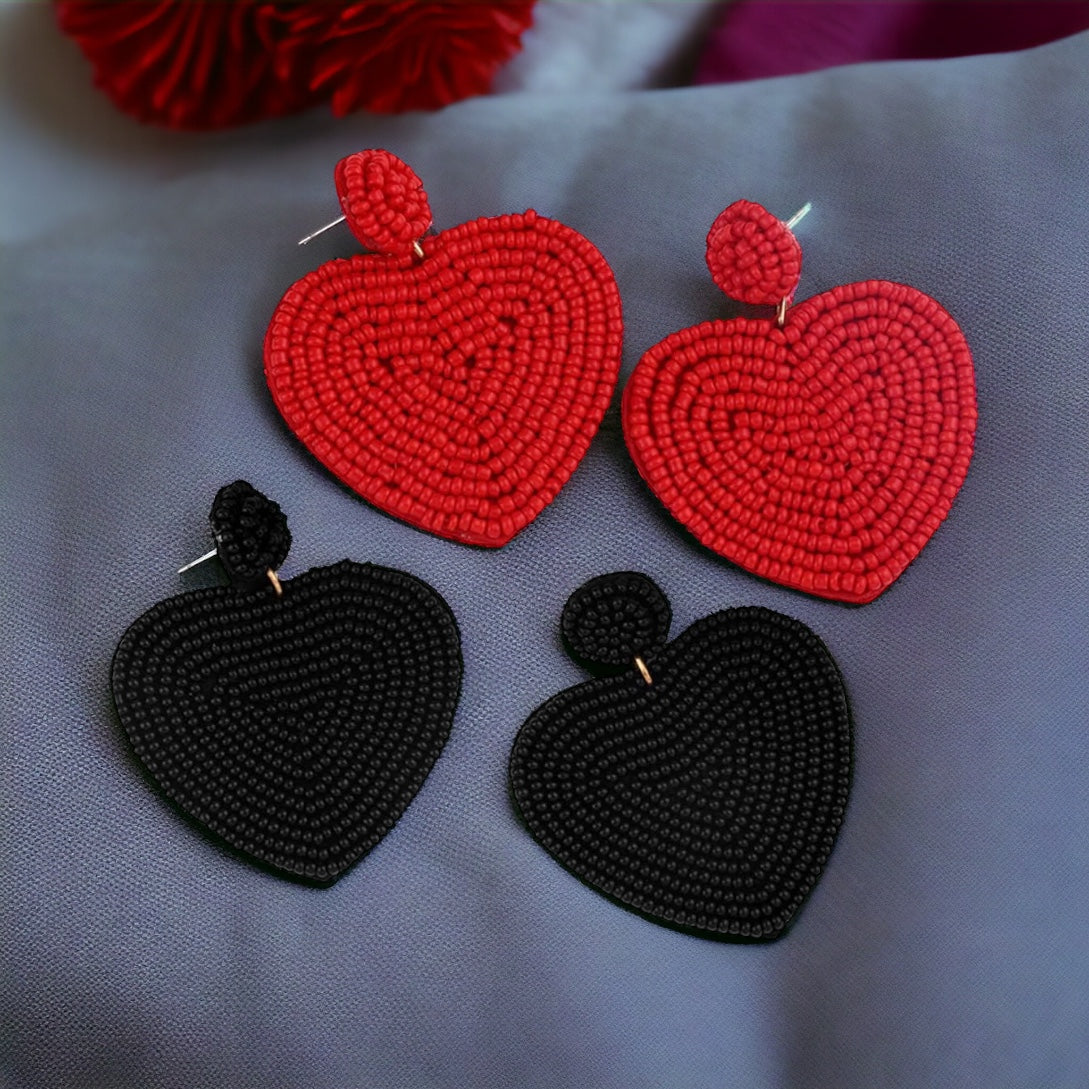 Heartfelt Dangles: Choose Your Vibe with Red or Black Beaded Heart Earrings!