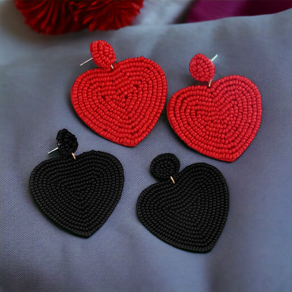 Heartfelt Dangles: Choose Your Vibe with Red or Black Beaded Heart Earrings!