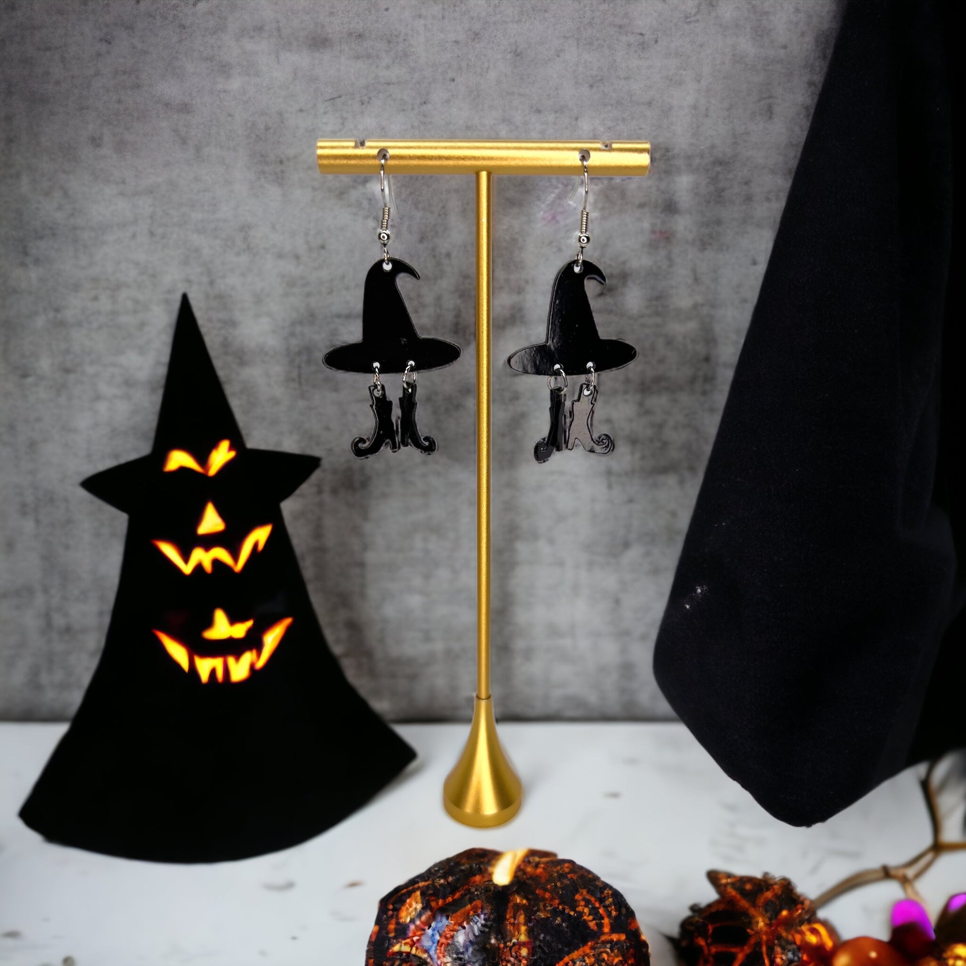 Witch Earrings - Halloween Earrings, Witch Hat, Witch Costume, Trick or Treat, Black Boots - Rhythms of Grace Creative