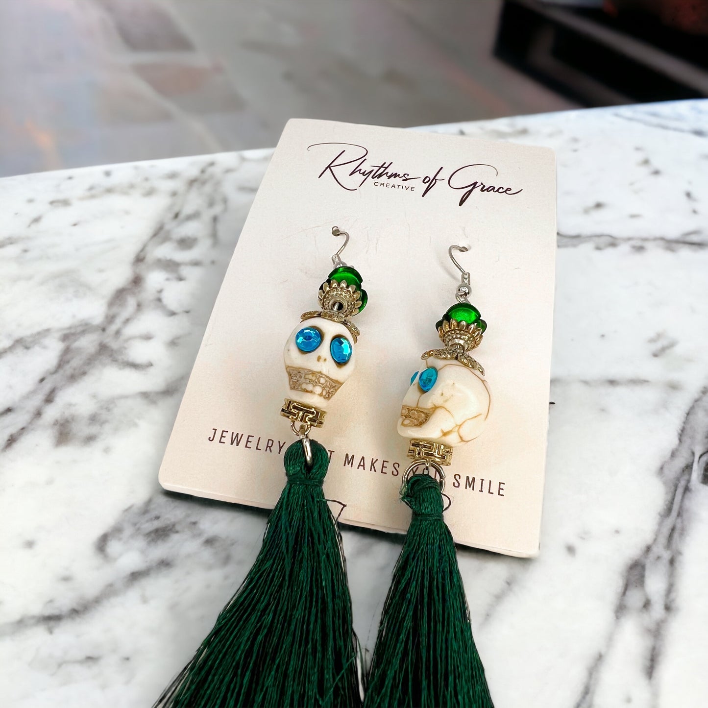 Skull Earrings - Halloween Jewelry, Skull Tassel, Halloween Accessories, Trick or Treat, Halloween Costume - Rhythms of Grace Creative