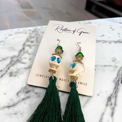 Skull Earrings - Halloween Jewelry, Skull Tassel, Halloween Accessories, Trick or Treat, Halloween Costume - Rhythms of Grace Creative